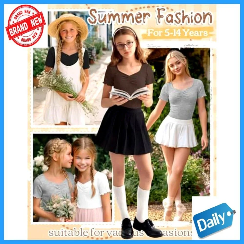 Girls Slim Fit V-Neck Tee 4 Pack Ribbed Lettuce Trim Sweetheart Neckline